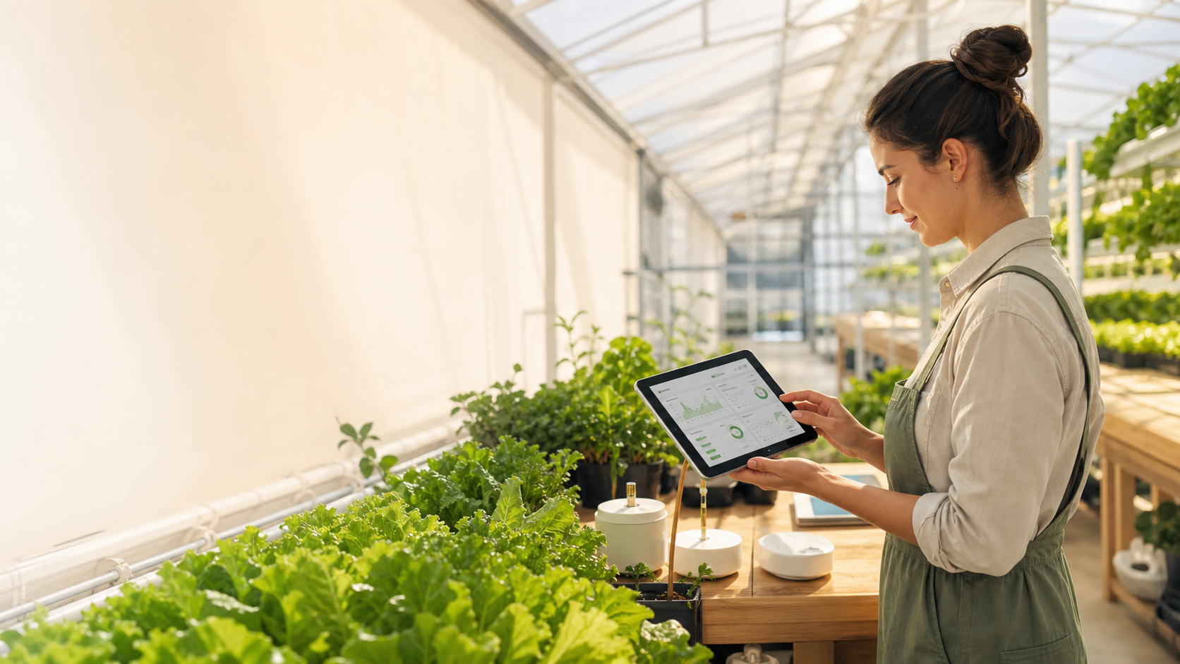 A greenhouse operator reviewing crop and sensor dashboards on a tablet beside leafy plants.